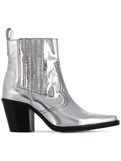 Ganni Callie Metallic Leather Ankle Boots In Silver | ModeSens