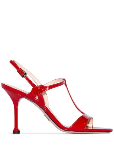 PRADA RED 90MM T BAR BUTTON PATENT LEATHER SANDALS - 红色