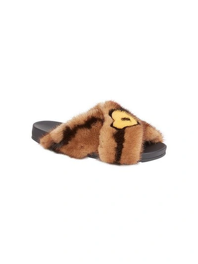 Shop Fendi Fur Heart Slides In Brown