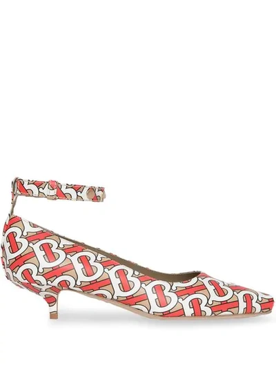 Shop Burberry Monogram Print Leather Peep-toe Kitten-heel Pumps In Neutrals