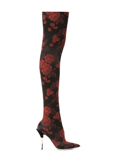 Shop Dolce & Gabbana Rose-jacquard Over-the-knee Boots In Black