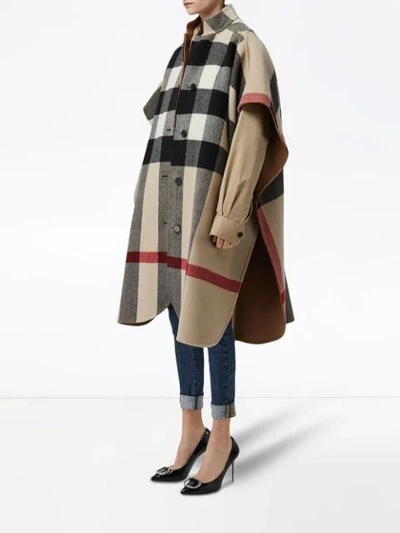 Shop Burberry Reversible Check Wool Blend Poncho In Neutrals