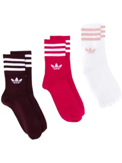 Shop Adidas Originals Mid-cut Crew Three-pack Socks In Maroon Enepnk White