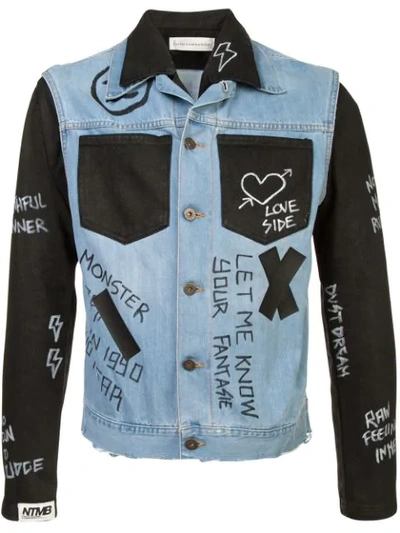 Shop Faith Connexion Contrast Panel 'doodle' Denim Jacket In Blue