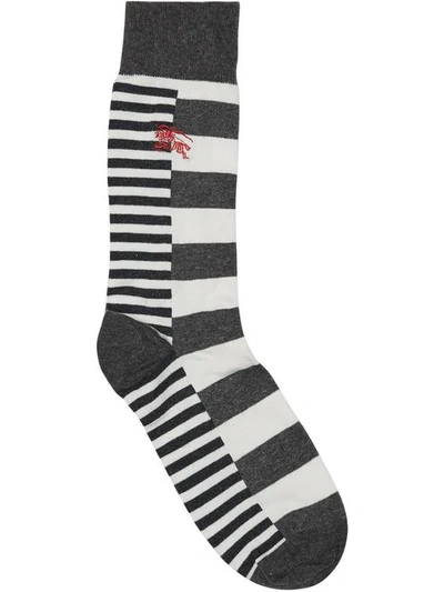 Shop Burberry Contrast Stripe Cotton Blend Socks In Grey