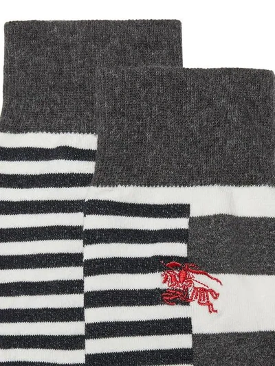 Shop Burberry Contrast Stripe Cotton Blend Socks In Grey