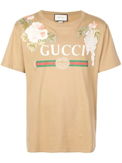 Pre-owned Gucci Logo Floral Patch T-shirt In Brown | ModeSens