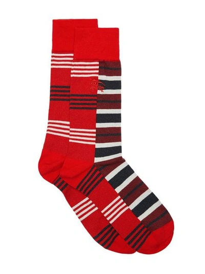 Shop Burberry Contrast Stripe Cotton Blend Socks In Red