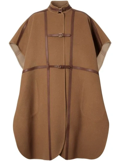 Shop Burberry Leather Harness Detail Wool Blend Cape In Brown
