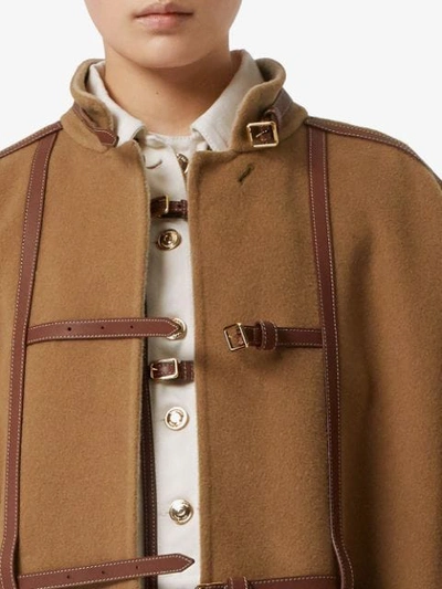 BURBERRY LEATHER HARNESS DETAIL WOOL BLEND CAPE - 棕色