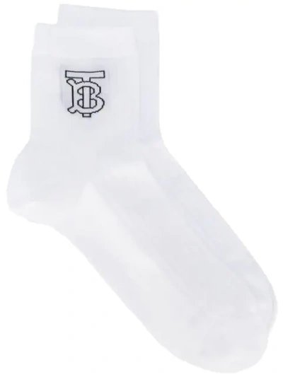 Shop Burberry Ribbed Monogram Intarsia Socks - White