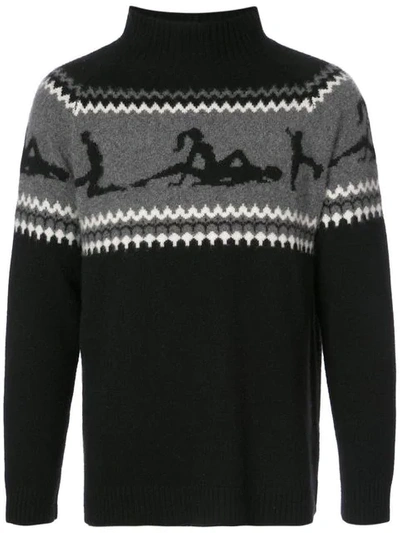 Shop The Elder Statesman The Fairest Isle Sweater In Black/medium Grey/white 'kama Sutra'