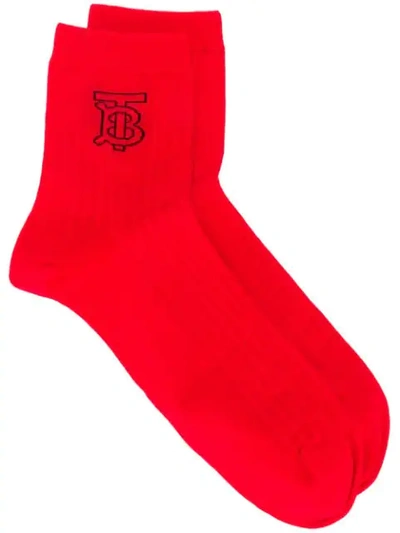 Shop Burberry Knitted Intarsia Ribbed Ankle Socks In Red