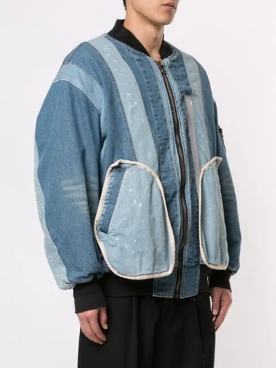 Shop Facetasm Denim Patchwork Bomber Jacket In Blue