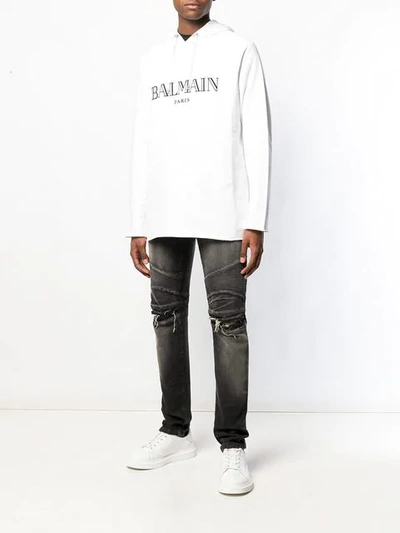 Shop Balmain Logo Print Hoodie In White