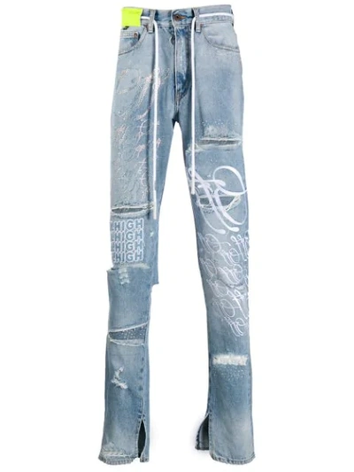 Shop Off-white Distressed Drawstring Jeans - Blue