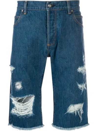 Shop Balmain Distressed Denim Shorts In Blue