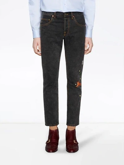 GUCCI EMBROIDERED SLIM-FIT JEANS - 黑色