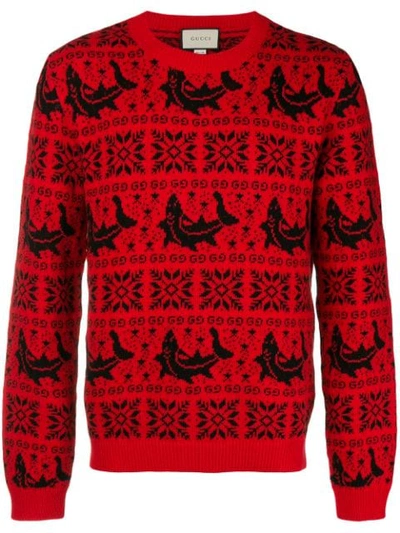 Shop Gucci Gg And Dolphin Jacquard Wool Sweater In 6587 Live Red/black