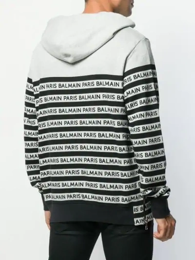 Shop Balmain Logo Striped Hoodie In Grey