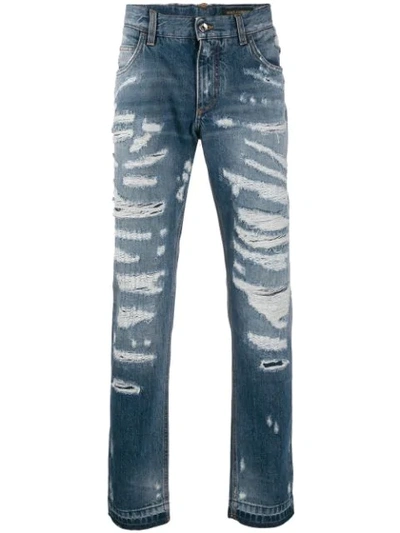 Shop Dolce & Gabbana Ripped Straight Leg Jeans In Blue