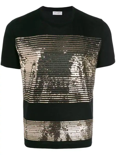 Shop Saint Laurent Sequin Striped T-shirt In 1039 -noir/doree