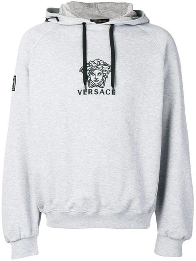 Shop Versace Embroidered Medusa Logo Hoodie In A904b Grigio Chiaro Nero
