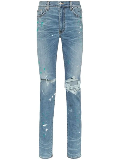 Shop Amiri Paint Splatter Slim-fit Jeans In Blue