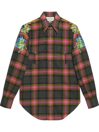 Shop Gucci Embroidered Check Wool Shirt In Grey