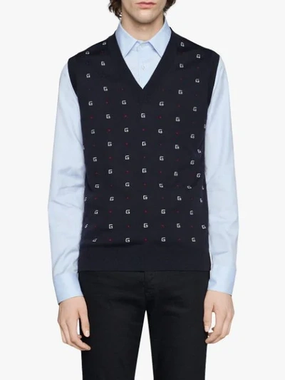 Shop Gucci G Dot Wool Jacquard Vest In Blue