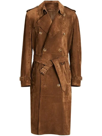 Shop Burberry Suede Trench Coat In Brown