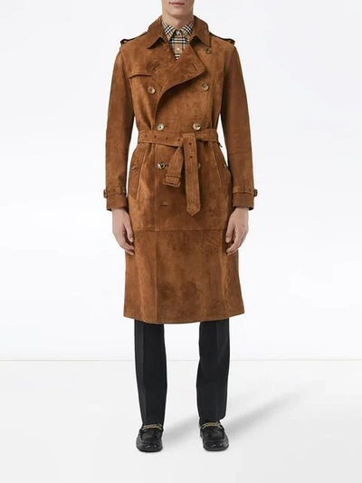 Shop Burberry Suede Trench Coat In Brown