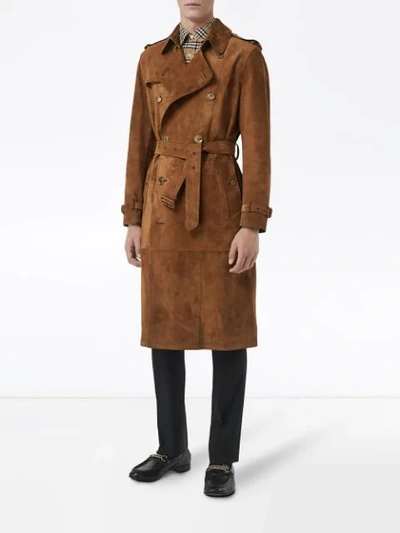 Shop Burberry Suede Trench Coat In Brown