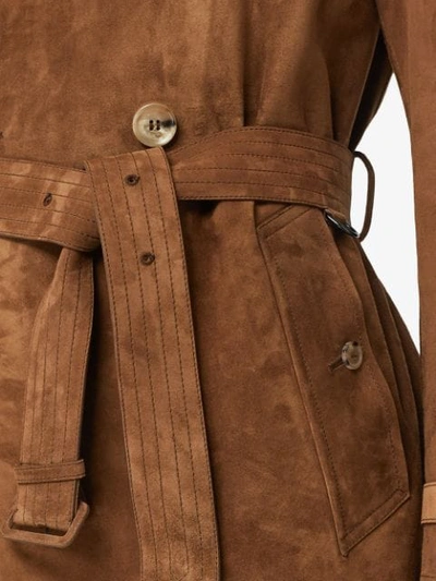 Shop Burberry Suede Trench Coat In Brown