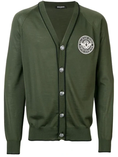 Shop Balmain Logo Patch Cardigan In Green