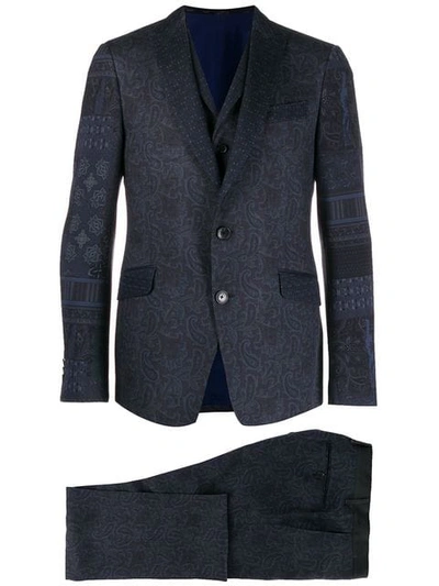 Shop Etro Printed Formal Suit - Blue