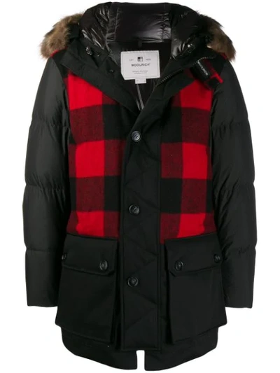 WOOLRICH BUFFALO CHECK PARKA COAT - 黑色