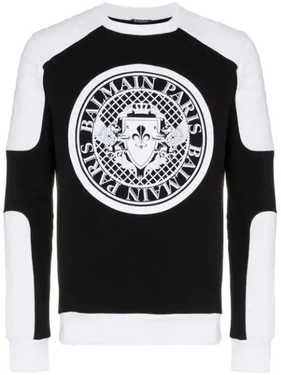 Shop Balmain Biker Logo Print Cotton Sweatshirt - Black