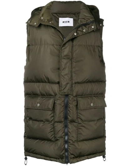 Shop Msgm Long Length Padded Gilet In Green