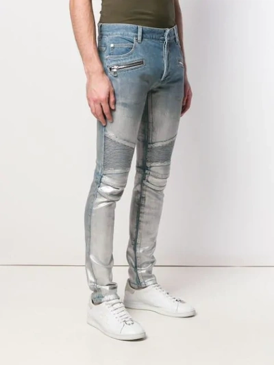 Shop Balmain Metallic Biker Jeans In Blue