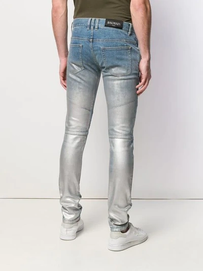 Shop Balmain Metallic Biker Jeans In Blue