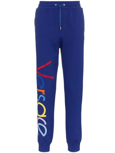 Shop Versace Embroidered Logo Sweatpants In Blue