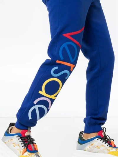 Shop Versace Embroidered Logo Sweatpants In Blue