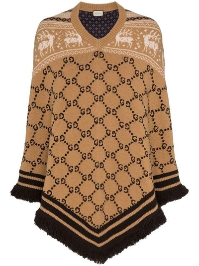 Shop Gucci Gg Logo Knit Wool Poncho In Brown