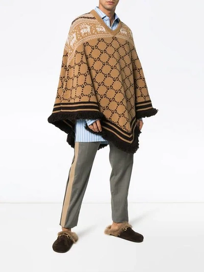 Shop Gucci Gg Logo Knit Wool Poncho In Brown