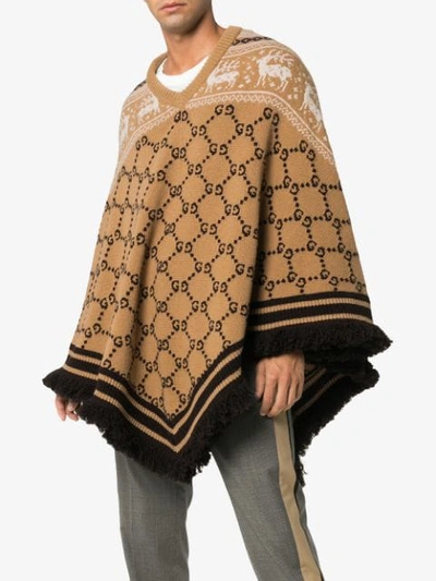 Shop Gucci Gg Logo Knit Wool Poncho In Brown