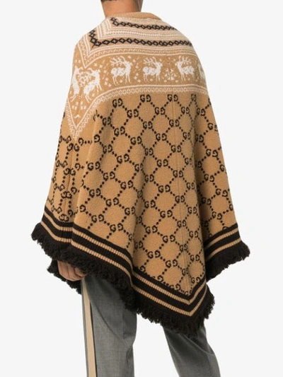 Shop Gucci Gg Logo Knit Wool Poncho In Brown