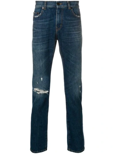 SAINT LAURENT DISTRESSED SKINNY-FIT JEANS - 蓝色