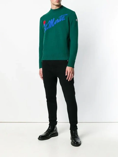 Shop Moncler Intarsia Logo Knitted Sweater In Green