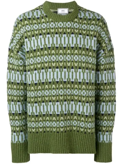 Shop Ami Alexandre Mattiussi Crew Neck Sweater Nordic Jacquard Pattern In Green
